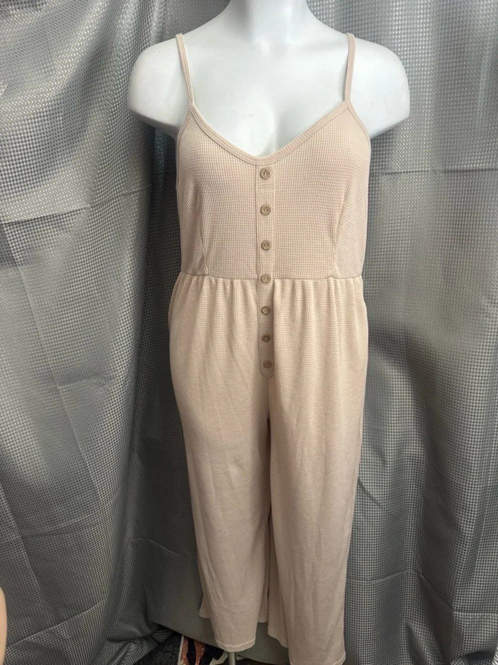 Beige Ribbed Spaghetti-Strap Jumpsuit